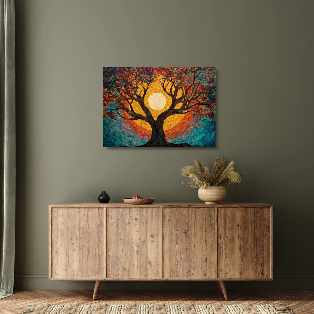 Sklenený obraz - Slnko v korune stromu života (70x50 cm)