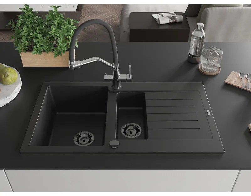 Mexen Matias, granitový drez 900x505x200 mm, 1,5-komorový a drezová batéria Duo, čierna, 6502-77-671701-07-B