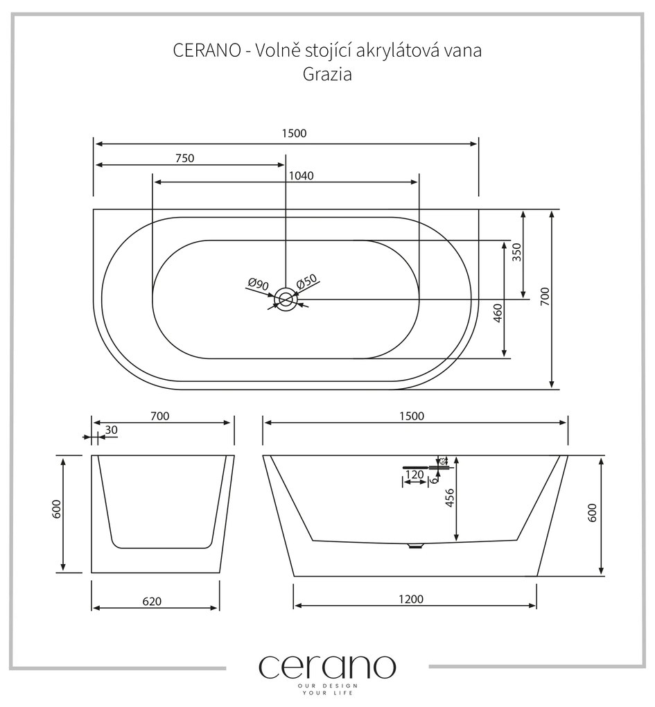Cerano Grazia, voľne stojaca akrylátová vaňa 150x75 cm, biela, CER-CER-413621