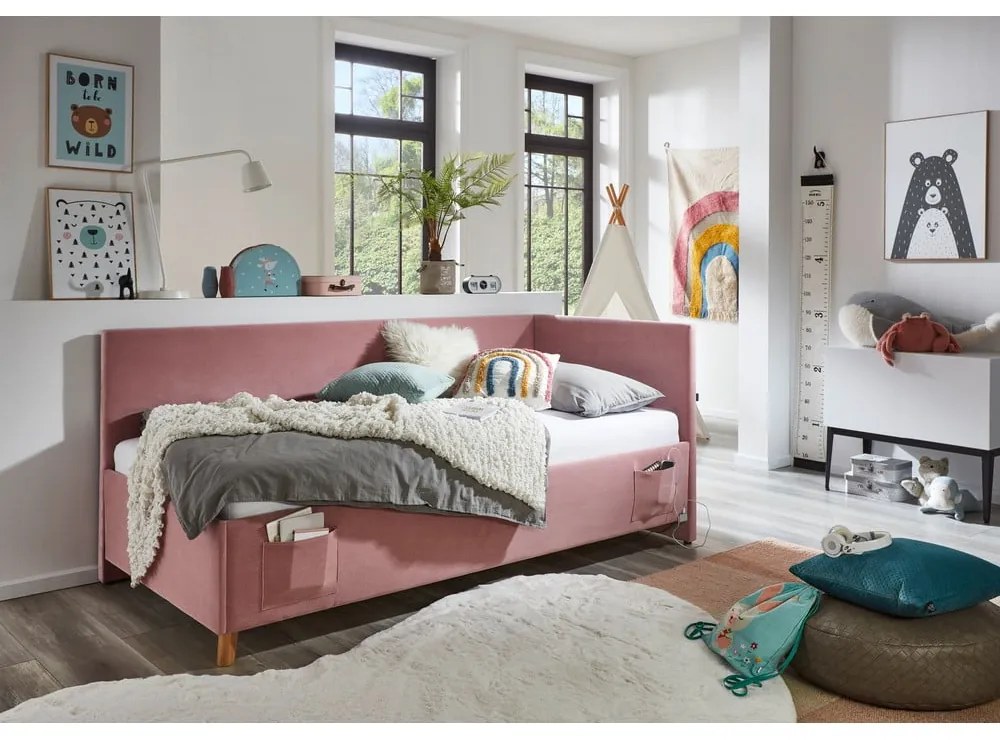 Ružová čalúnená rohová detská posteľ bez roštu 120x200 cm Cool – Meise Möbel
