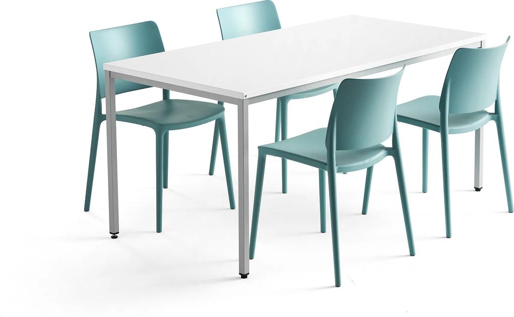 Jedálenská zostava: Stôl Modulus + 4 plastové stoličky Rio, tyrkysové