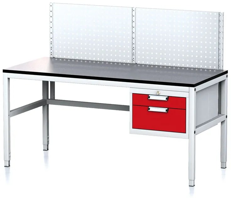 Nastaviteľný dielenský stôl MECHANIC II s perfopanelom, 2 zásuvkový box na náradie, 1600x700x745-985 mm, sivá/červená