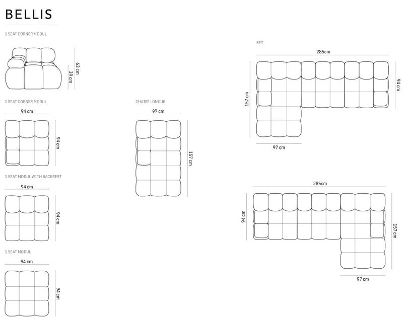 Čierna zamatová pohovka 285 cm Bellis – Micadoni Home