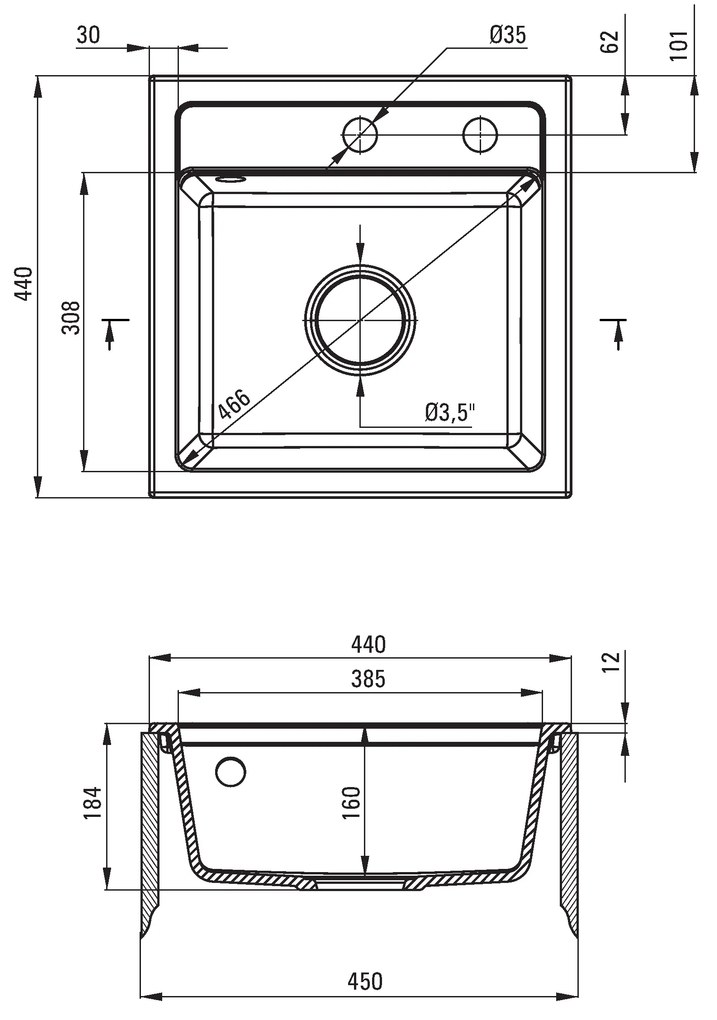 Deante Zorba, granitový drez 440x440x184 mm B/O, 3,5" + priestorovo úsporný sifón, 1-komorový, grafitová metalíza, ZQZ_G103
