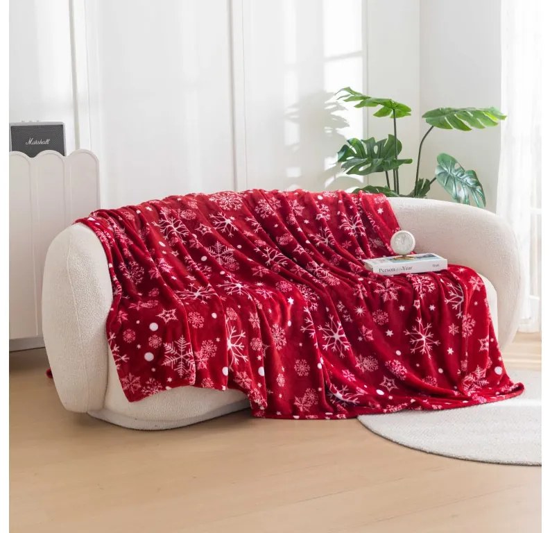 2x Červená vianočná mikroplyšová deka SNOWFALL 150x200 cm