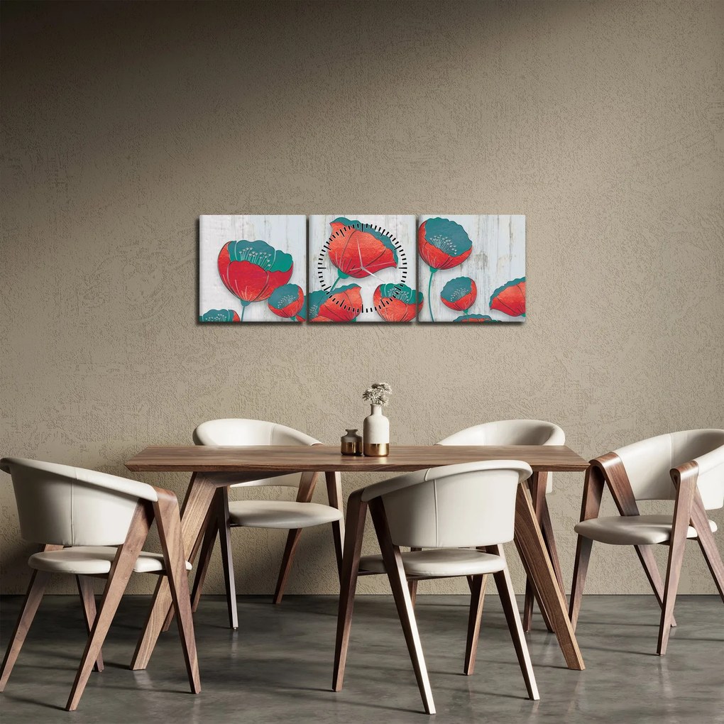 Obraz - Vlčie maky - petrolej (s hodinami) (90x30 cm)