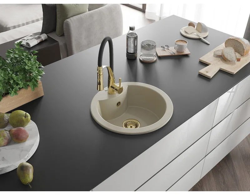 Mexen Diego, 1-komorový granitový drez 488x488x167 mm a drezová batéria Aster, béžová, 6512-69-73450-57-G