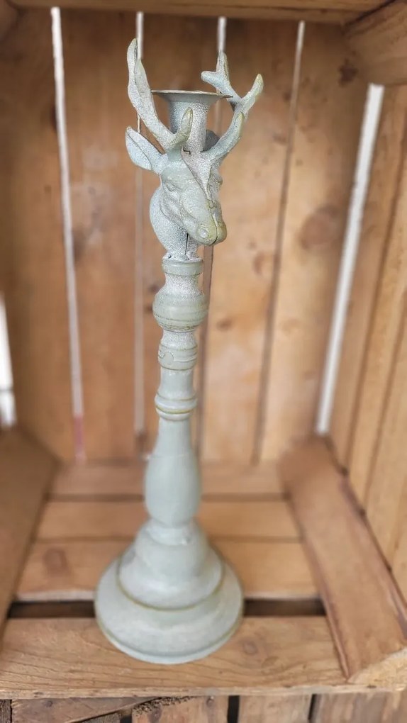 Šedý antik kovový svietnik ArtFerro s jeleňom - 13,5*13,5*43cm