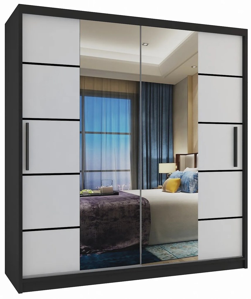 Šatníková skriňa 158 cm Belini čierny mat / biely mat s posuvnými dverami zrkadlom a zásuvkami  ME SZP7/0/B/W/0/KLP