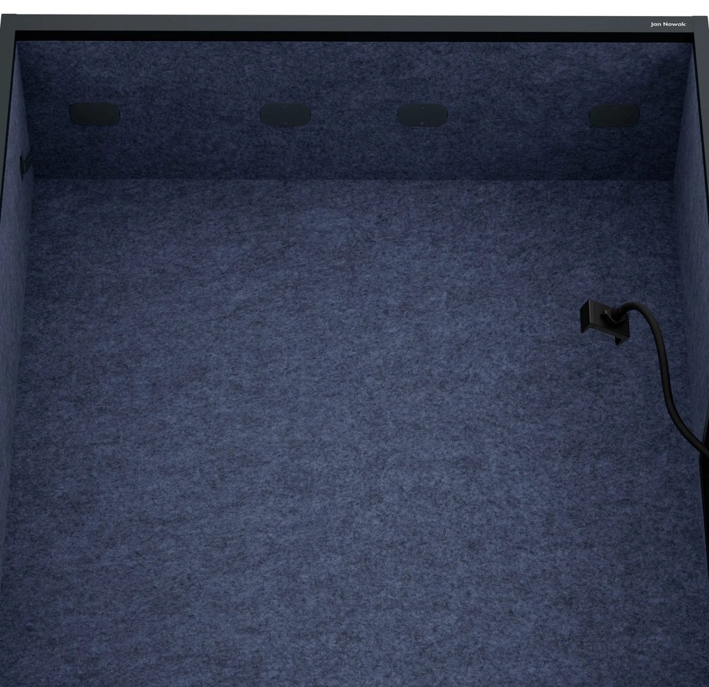Kancelárska akustická kabína so sedadlom a portom USB-C, telo v antracitovej farbe / sedadlo v tmavomodrá farbe, 1150 mm: SALLY MentalBox