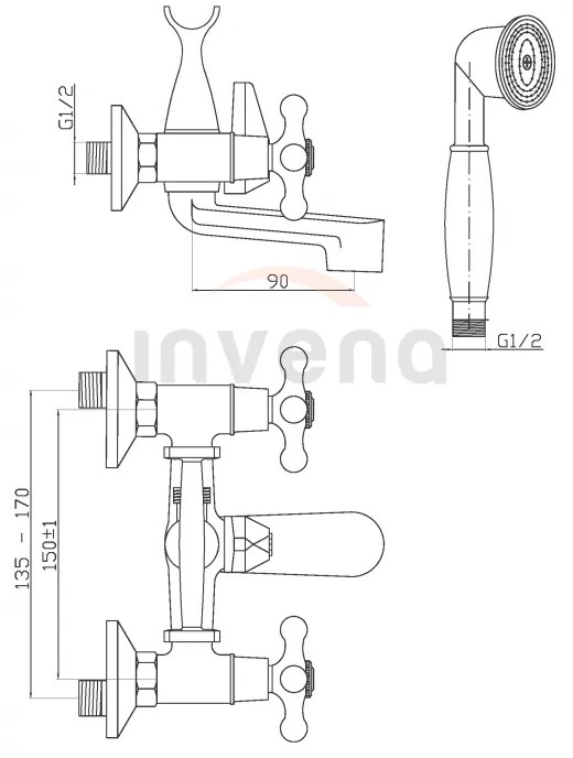 Invena Roma, vaňová batéria s ručnou sprchovou sadou, chrómová, INV-BW-21-00S-L