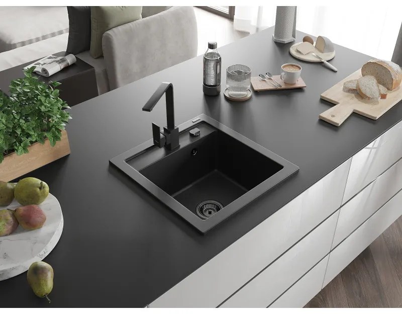 Mexen Vito, 1-komorový granitový drez 520x490x210 mm, čierna batéria Rita, čierna, 6503-77-670300-70-B