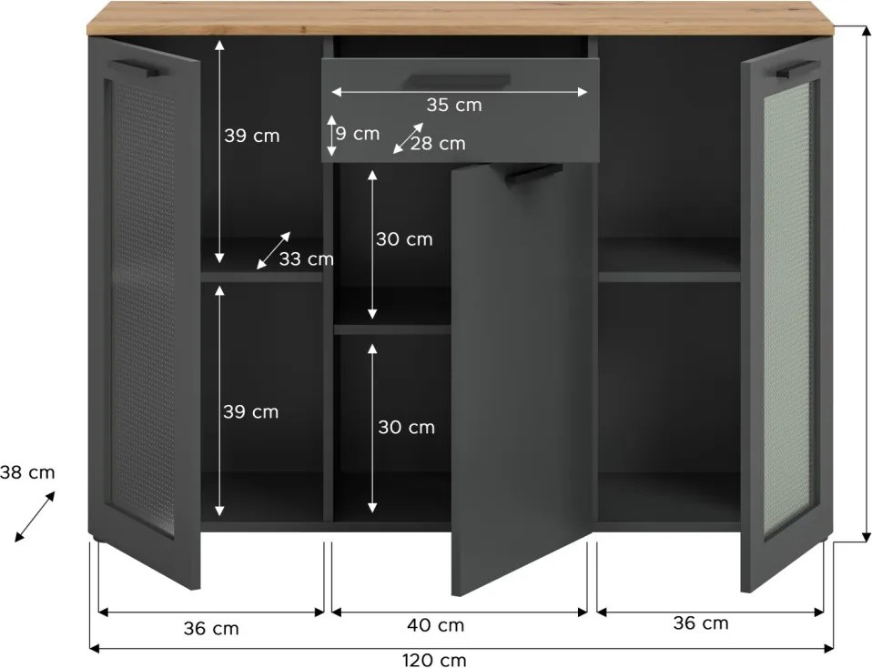 Komoda so šuplíkom Niklas, 120 cm, šedá/dub artisan