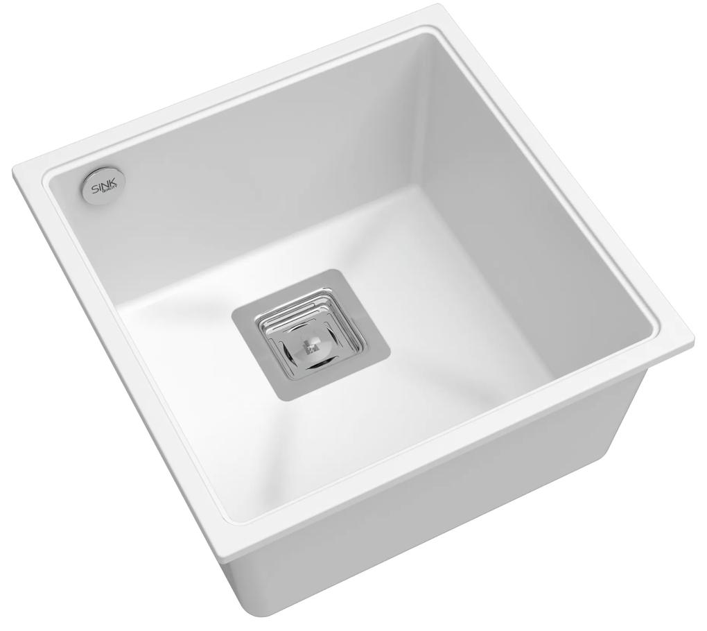 Sink Quality Argon 50, kuchynský granitový drez 420x420x225 mm + chrómový sifón, biela, SKQ-ARG.W.1KBO.50.X