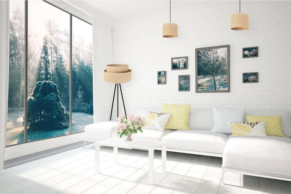 Stojacia lampa Juta, 1x jutové tienidlo, čierna konštrukcia, m