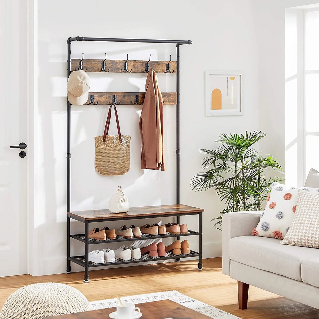Vešiakový stojan na kabáty s lavicou na topánky, rustikálny hnedý