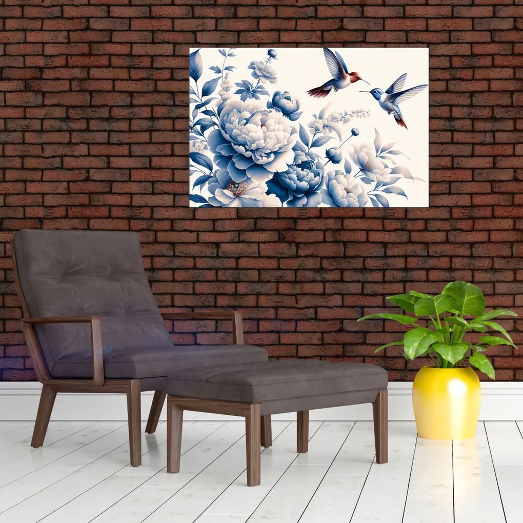 Obraz - Kolibríky nad kvetinou (90x60 cm)