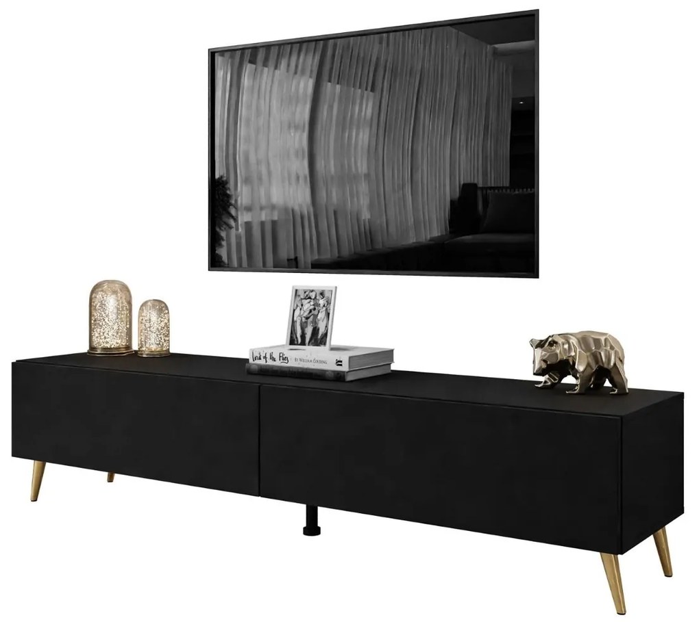 TV STOLÍK ELEGANTE 3 ČIERNY MATNÝ + ZLATÉ NOŽIČKY 175 cm