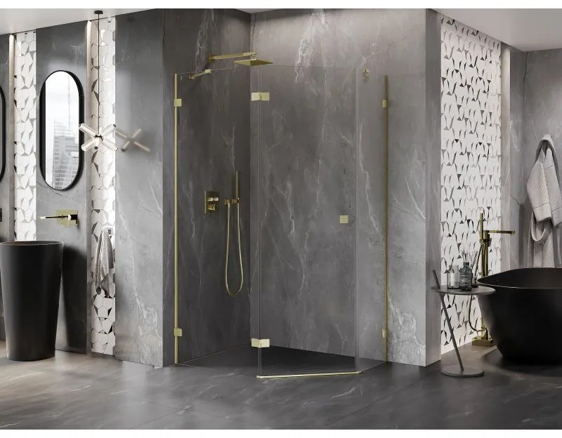 Mexen Lunar, Päťuholníkový sprchový kút Mexen Lunar naklápací doľava 100 x 80 cm, 8mm číre sklo, zlatý matný profil, 831-100L-080P-55-00-L