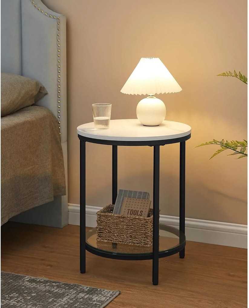 Okrúhly príručný stolík, 2-úrovňový, so sklenenou poličkou, mramorový efekt