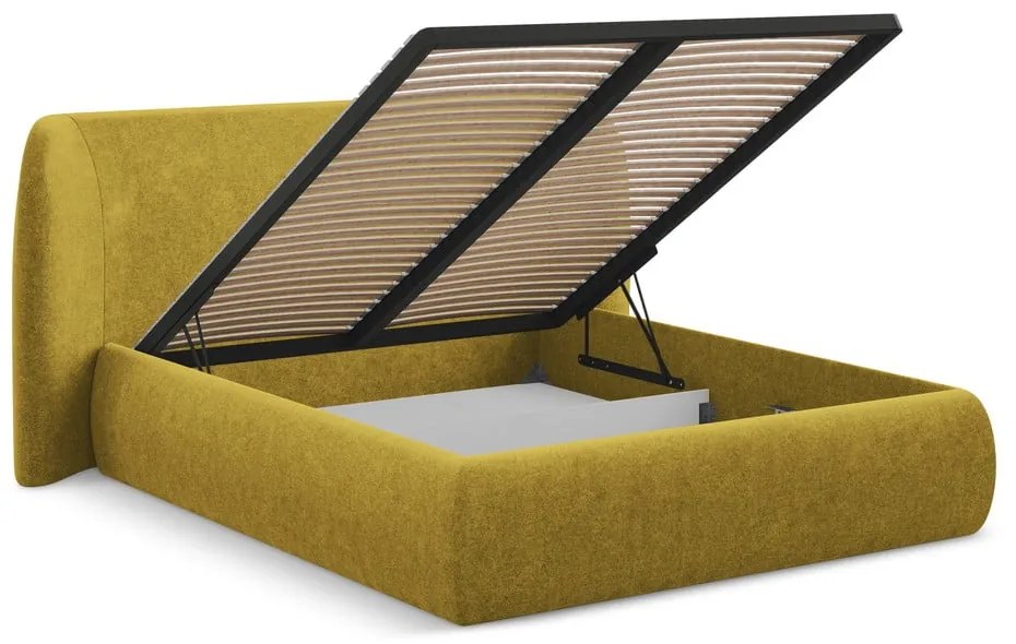 Čalúnená dvojlôžková posteľ s úložným priestorom s roštom 180x200 cm v horčicovej farbe Hauke – Makamii