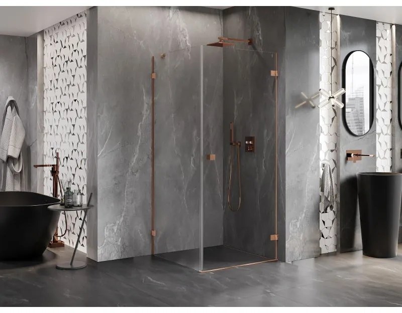 Mexen Lunar-B, pravostranný výklopný sprchový kút 90 x 90 cm, 8mm číre sklo, profil medená matná, 832-090-090-65-00-P