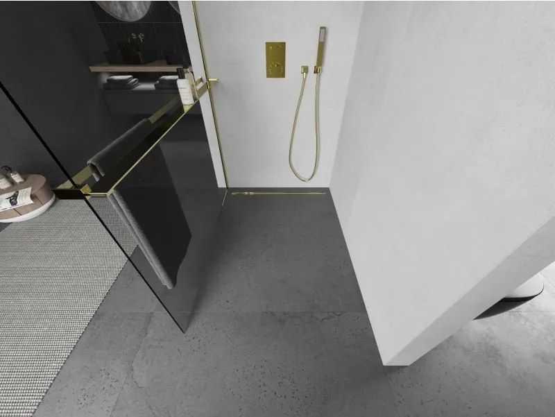 Mexen Kioto+ L, sprchová zástena Walk-In s poličkou a vešiakom 100 x 200 cm, 8mm číre sklo, zlatý lesklý profil,800-100-123-50-00