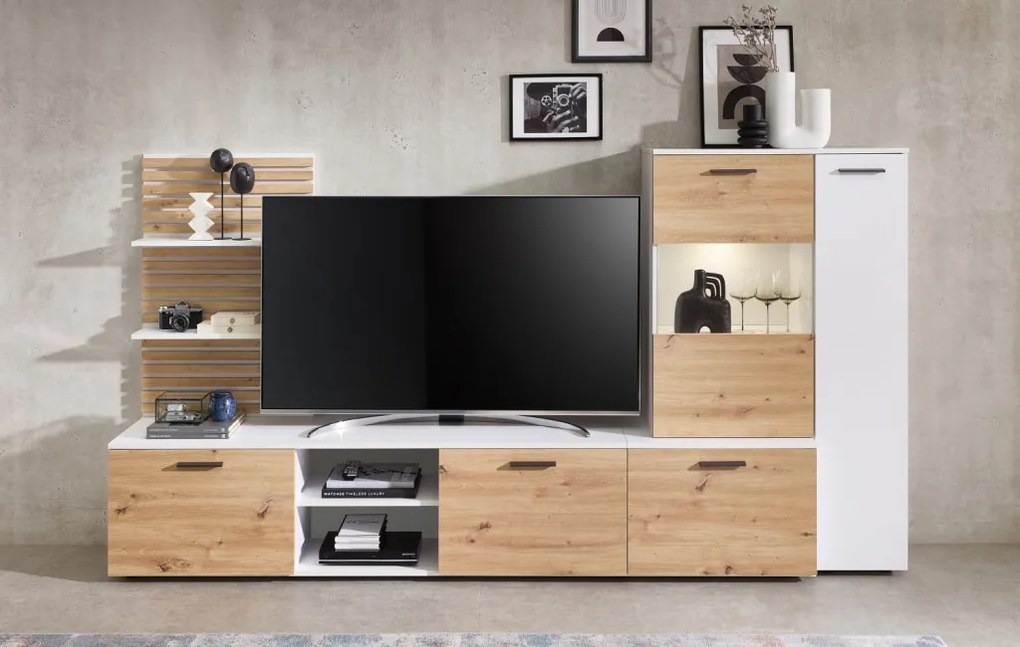 Obývacia stena Heathrow, biela/dub artisan, s osvetlením