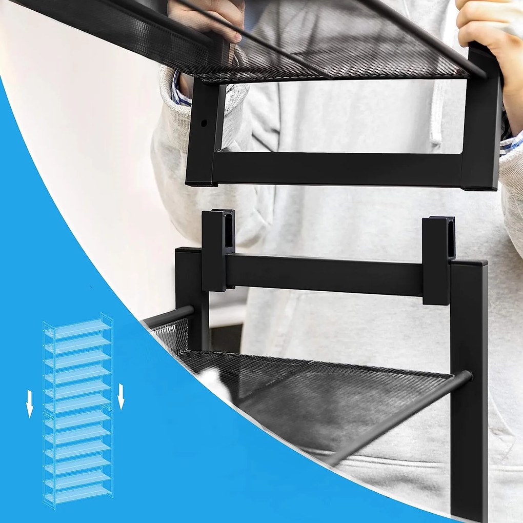 Botník, 12-policový stojan na topánky, pre 48-60 párov topánok, čierny