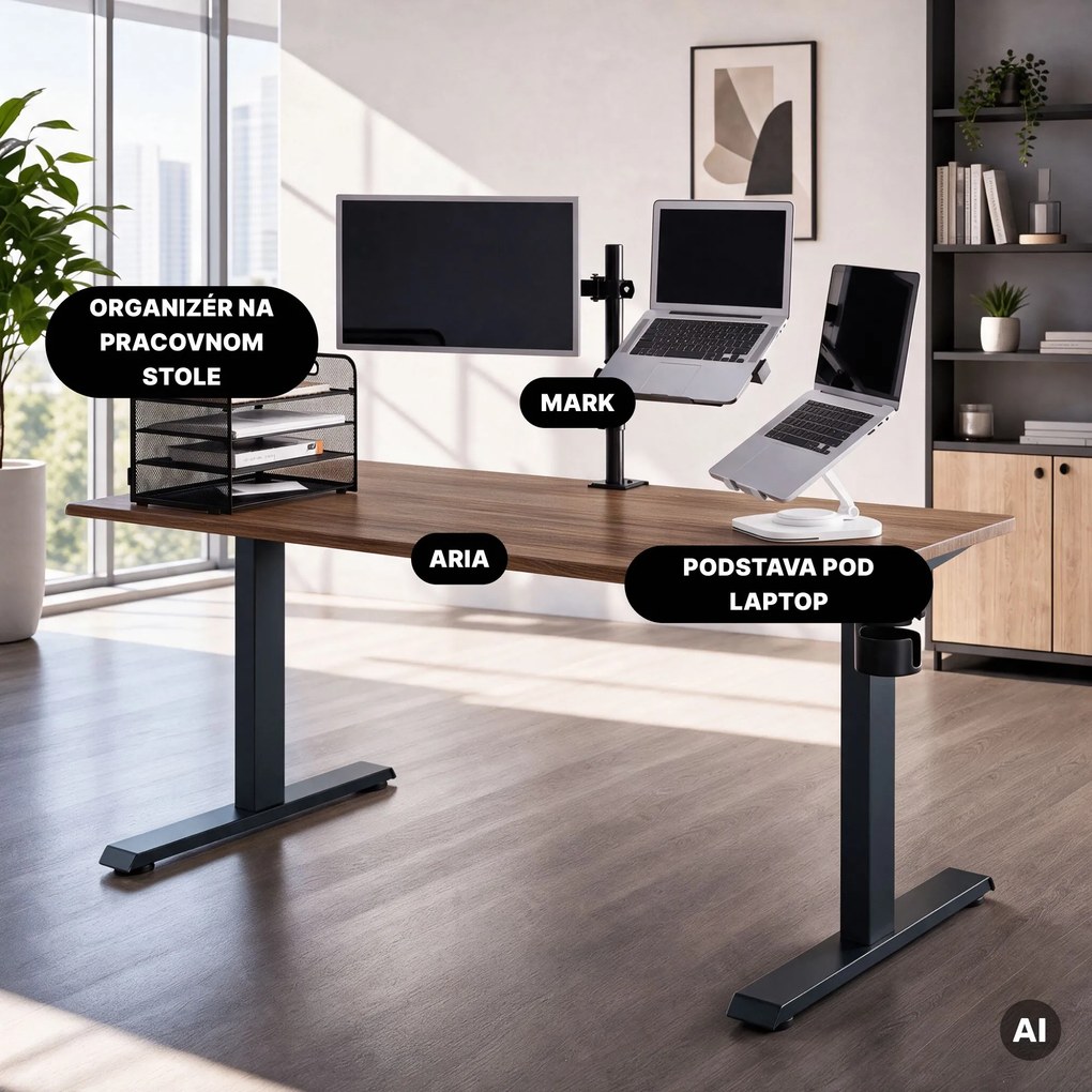 Elektrický stôl s reguláciou výšky ergonomický antracitový/orech,1600x800 mm: ARIA