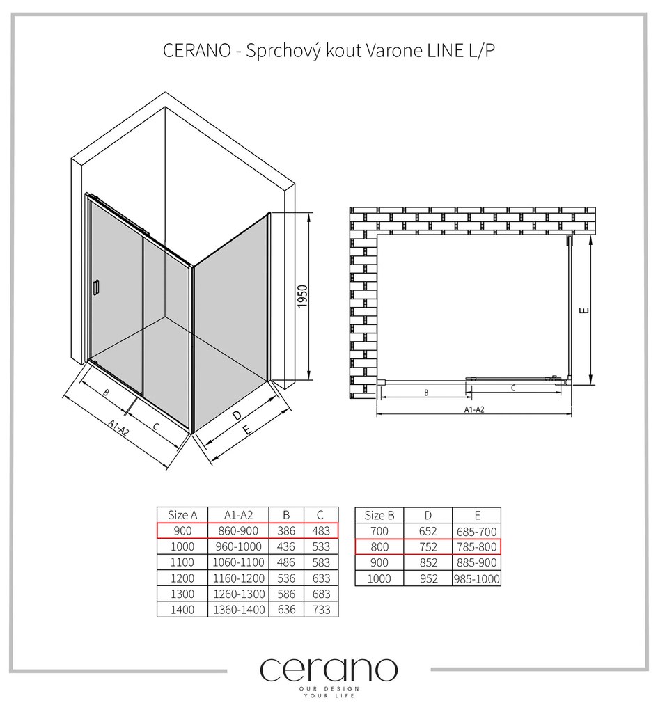 CERANO - Sprchovací kút Varone LINE L/P - čierna matná, transparentné sklo - 90x80 cm - posuvný, CER-CER-DY505B-9092