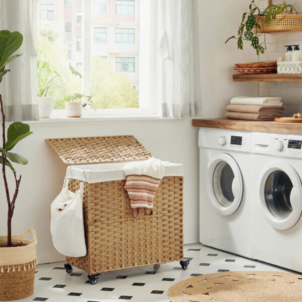 Kôš na bielizeň s kolieskami z umelého ratanu AVA, 140l, prírodná hnedá Jurhan