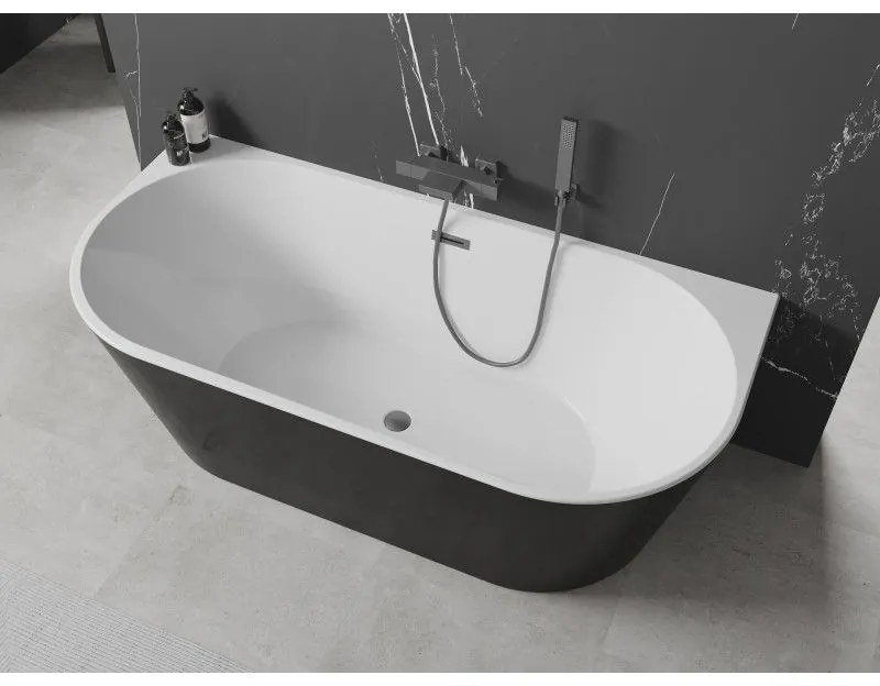 Mexen Oval, voľne stojaca nástenná vaňa 180 x 80 cm, biela-čierna, grafitový prepad, 52671808075-66