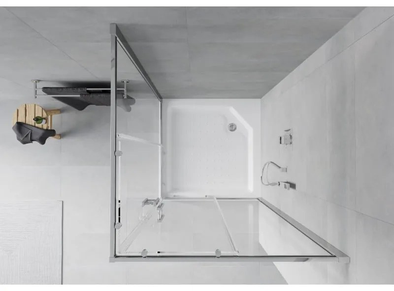 Mexen Rio, štvorcový sprchovací kút s posuvnými dverami 90 x 90 cm, 6mm číre sklo, chrómový profil + biela vysoká sprchová vanička Rio, 860-090-090-01-00-4510