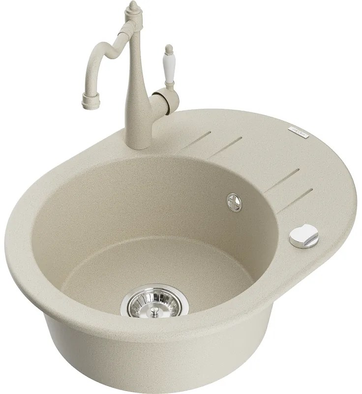 Mexen Kevin, drez granitový 586x458x190 mm, 1-komorový a drezová batéria Carla, béžová, 6517-69-670700-69