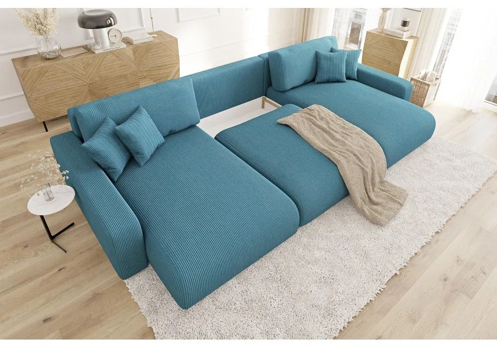 Tyrkysová menčestrová rozkladacia/s úložným priestorom rohová pohovka Sara – Ropez