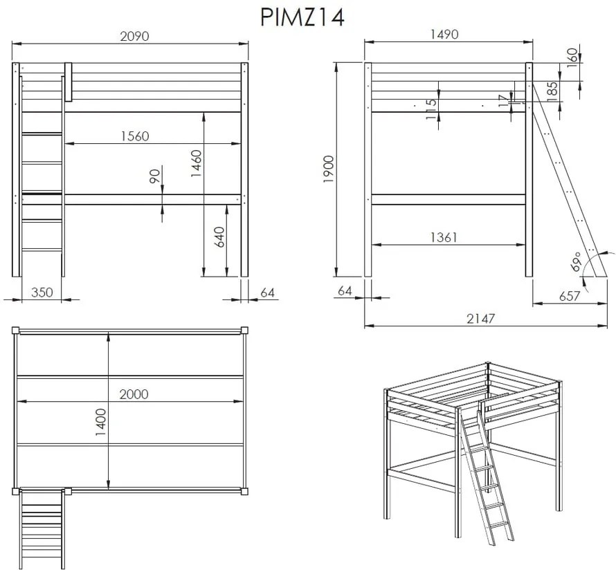 Biela detská posteľ s rebríkom Vipack Pino, 140 × 200 cm