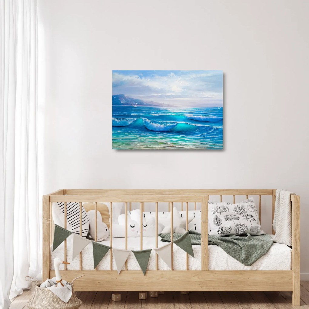 Sklenený obraz - Olejomaľba mora s čajkami (70x50 cm)