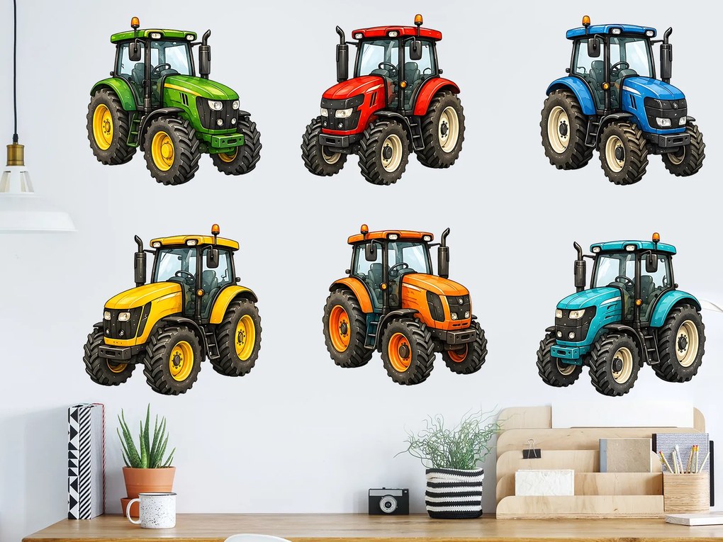 Farebné akvarelové traktory nálepky na stenu pre chlapca list 45 x 29 cm