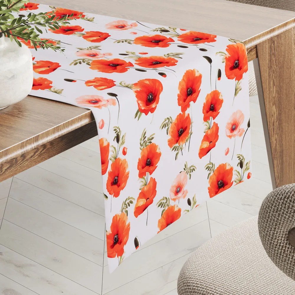 Biante Teflónový behúň na stôl TF-133 Červenooranžové vlčie maky na bielom 20x140 cm