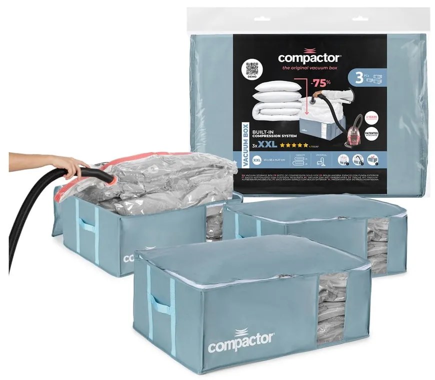 Vákuové plastové úložné boxy na oblečenie v súprave 3 ks 65x45x27 cm Blue Edition – Compactor