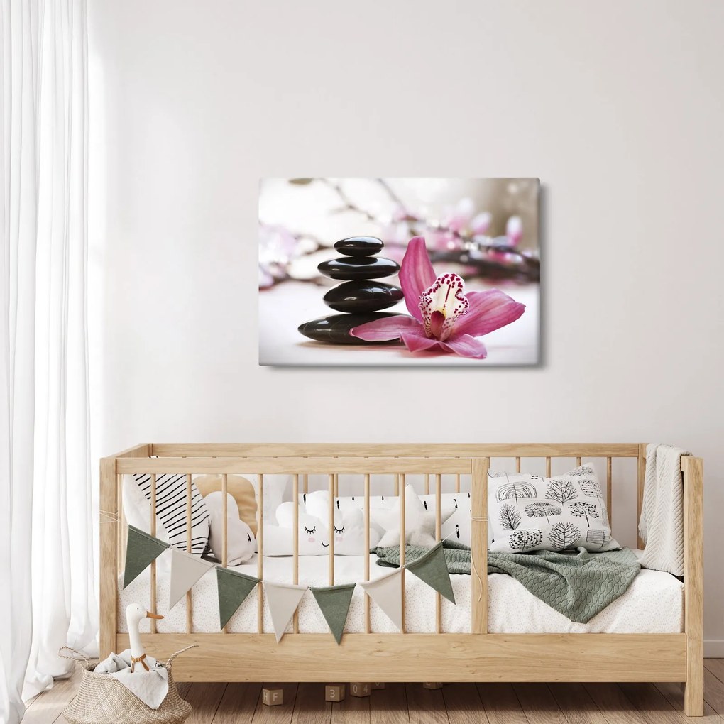 Obraz masážnych kameňov a orchidey na vode (90x60 cm)