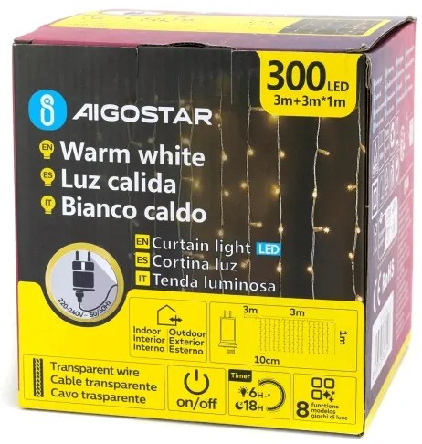 Aigostar - LED vonkajší vianočný reťazec 300xLED/6W/230V/8 funkcií 3x1m IP44 teplá biela + diaľkový ovládač