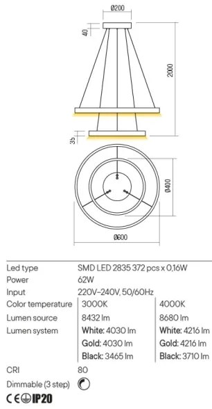 Redo 01-2889 - LED Stmievateľný luster na lanku FEBE LED/62W/230V zlatá