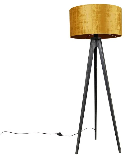Stojaca lampa trojnožka čierna so zlatým tienidlom 50 cm - Tripod Classic