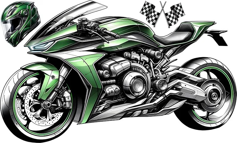 Zelená motorka textilní prelepiteľná nálepka na stenu hárok 46 x 28 cm