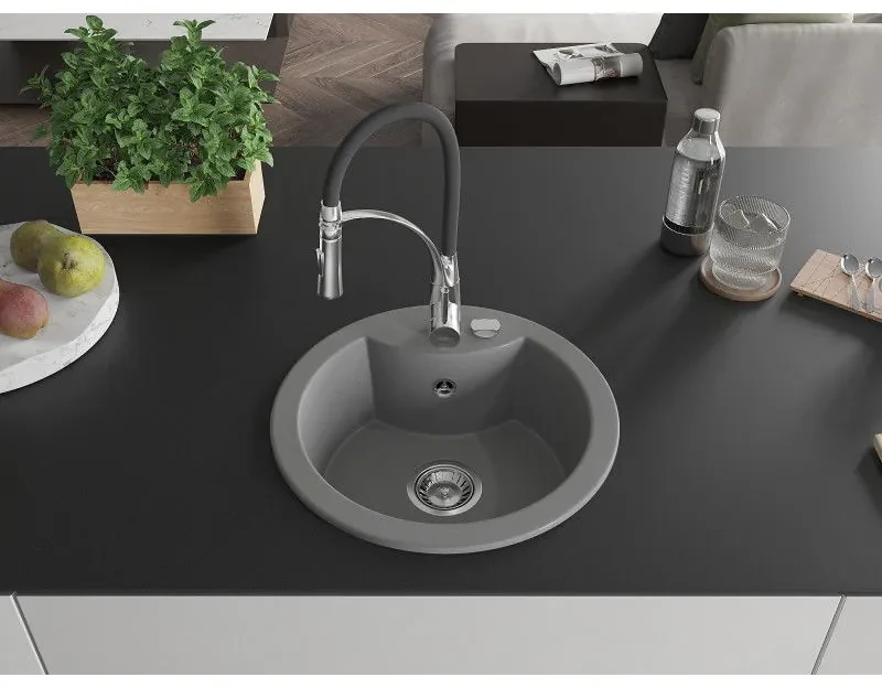 Mexen Diego, 1-komorový granitový drez 488x488x167 mm a drezová batéria Aster, šedá, 6512-71-73450-07