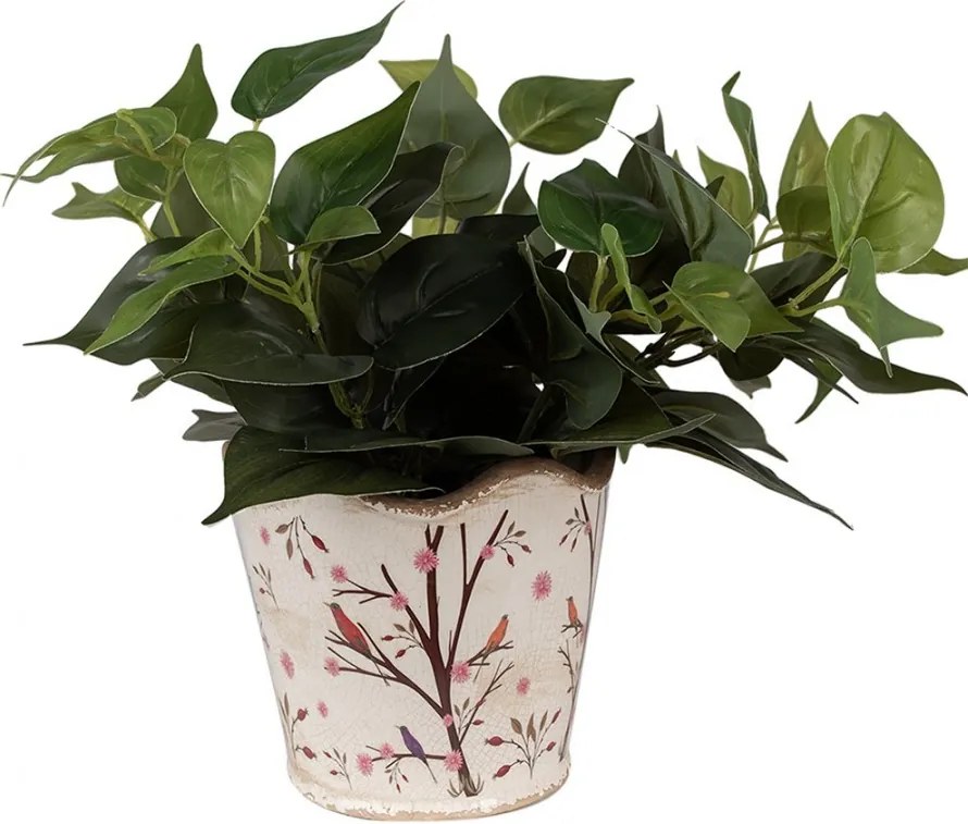 Béžový keramický obal na kvetináč s kvetmi a vtáčikmi Birdie - Ø 16*15 cm