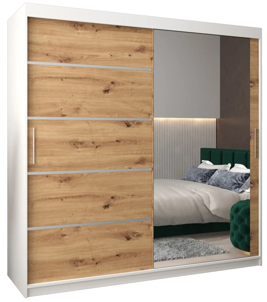 Šatníková skriňa 200 cm so zrkadlom Verika 2 200 (biela + dub artisan). Akcia -9%. Vlastná spoľahlivá doprava až k Vám domov. 1064224