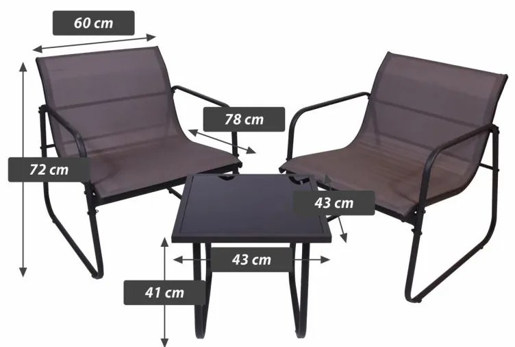 Záhradný relaxačný set stôl a 2 kreslá, oceľ, šedá